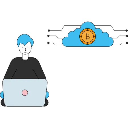 Garçon faisant du minage de Bitcoin dans le cloud  Illustration