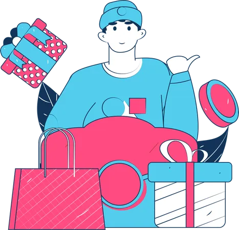 Garçon faisant des achats de cadeaux en ligne  Illustration