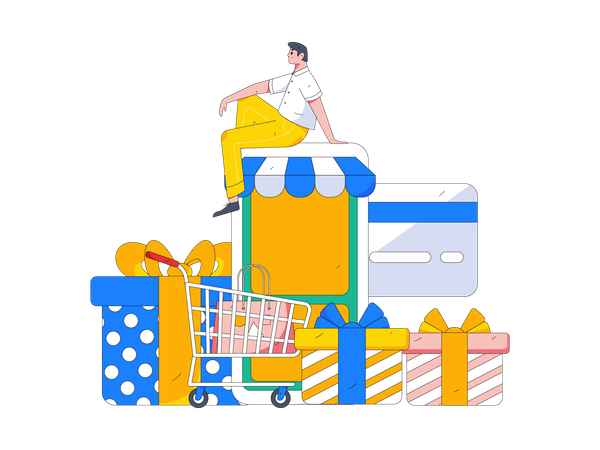 Garçon faisant des achats en ligne  Illustration