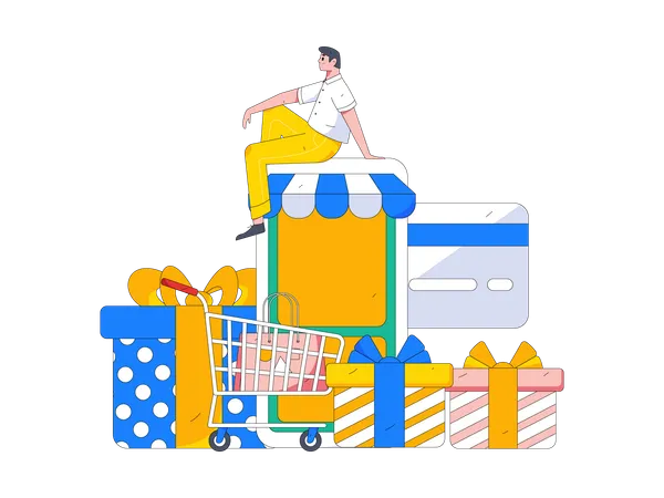 Garçon faisant des achats en ligne  Illustration