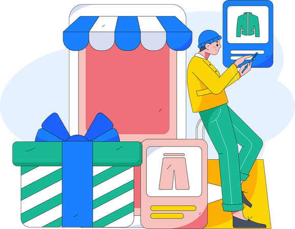 Garçon faisant des achats en ligne  Illustration