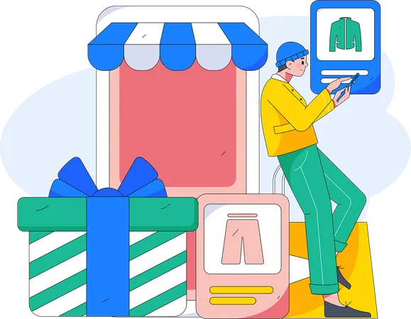 Garçon faisant des achats en ligne  Illustration