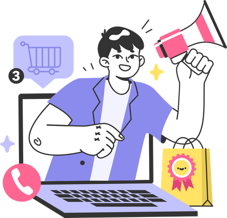 Garçon faisant du marketing d'achat en ligne  Illustration