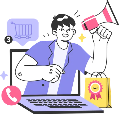 Garçon faisant du marketing d'achat en ligne  Illustration