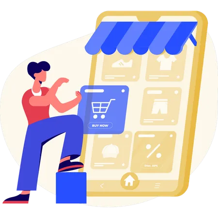 Garçon faisant des achats en ligne sur E-commerce  Illustration