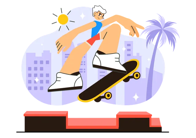 Garçon faisant des cascades en skateboard  Illustration