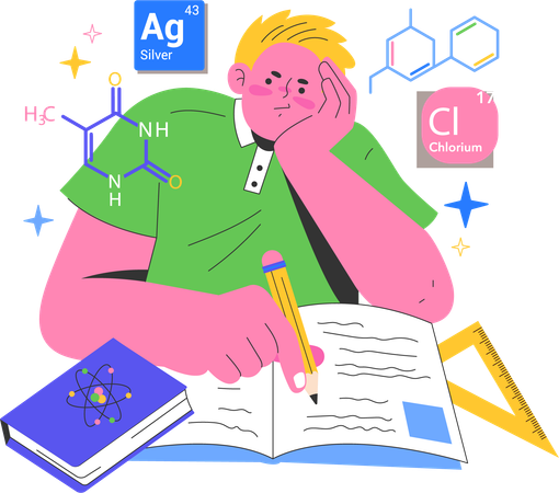 Garçon faisant ses devoirs de chimie  Illustration