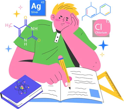 Garçon faisant ses devoirs de chimie  Illustration