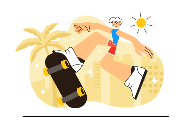 Garçon faisant des figures de skateboard en été  Illustration