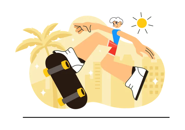 Garçon faisant des figures de skateboard en été  Illustration
