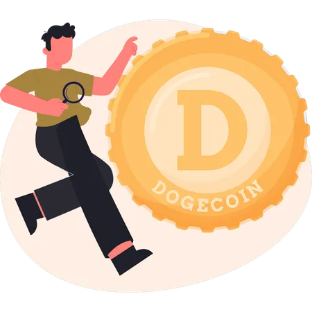 Un garçon fait des recherches sur Dogecoin  Illustration