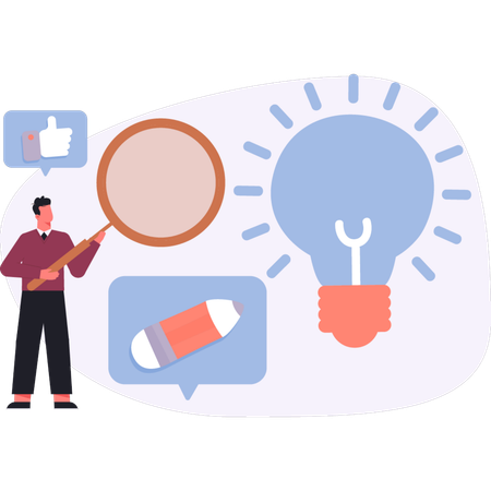 Garçon faisant des recherches sur l'éducation, ampoule  Illustration