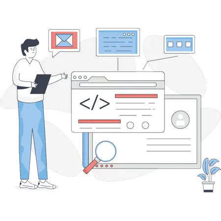 Garçon faisant des recherches sur les tests externalisés  Illustration