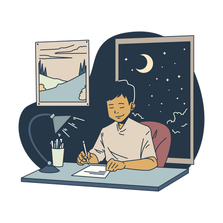 Garçon faisant ses devoirs la nuit  Illustration