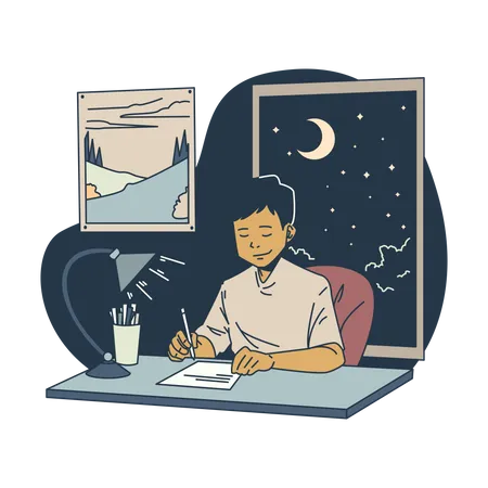 Garçon faisant ses devoirs la nuit  Illustration