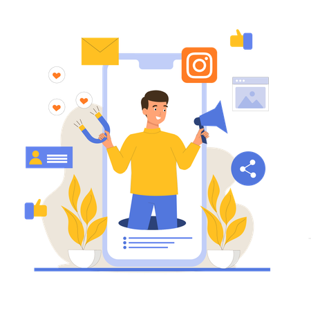 Garçon faisant du marketing sur Instagram  Illustration