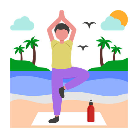 Garçon faisant du yoga sur la plage  Illustration