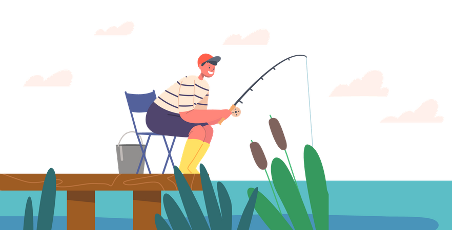 Garçon faisant de la pêche au lac  Illustration