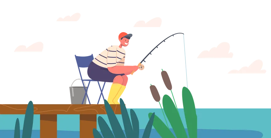 Garçon faisant de la pêche au lac  Illustration