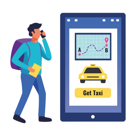 Garçon faisant la réservation de taxi en ligne  Illustration