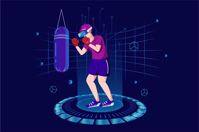 Garçon s'entraînant à la boxe à l'aide de la technologie VR  Illustration