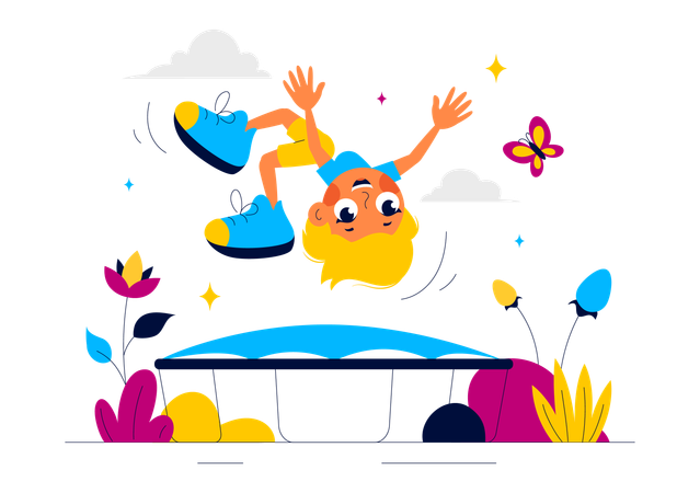 Garçon faisant un salto arrière sur un trampoline  Illustration