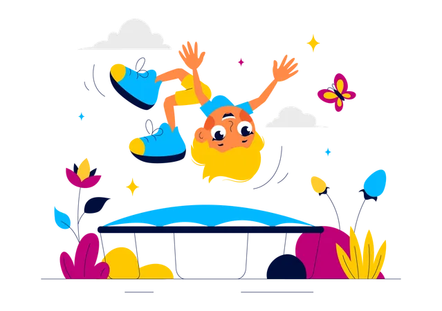 Garçon faisant un salto arrière sur un trampoline  Illustration