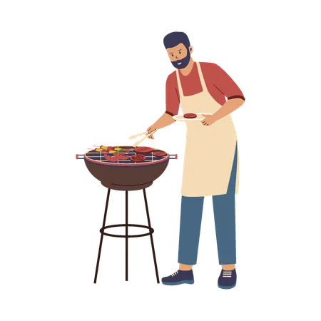 Garçon faisant une fête barbecue  Illustration