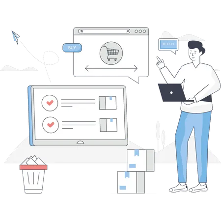 Un garçon fait du shopping en ligne  Illustration