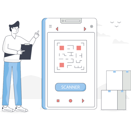 Un garçon fait des achats en payant avec un code QR  Illustration