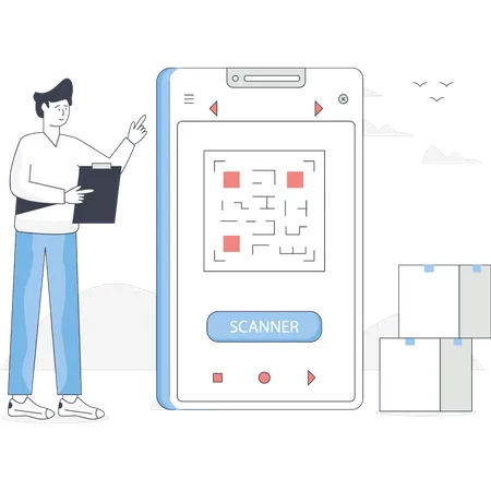 Un garçon fait des achats en payant avec un code QR  Illustration