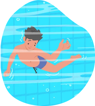 Un garçon flotte dans l'eau bleu clair de la piscine  Illustration
