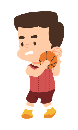 Un garçon frappe le ballon de basket dans le filet  Illustration