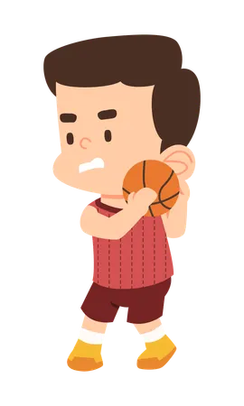 Un garçon frappe le ballon de basket dans le filet  Illustration