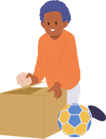 Un garçon heureux emballant un ballon de football dans une boîte en carton préparant un cadeau  Illustration