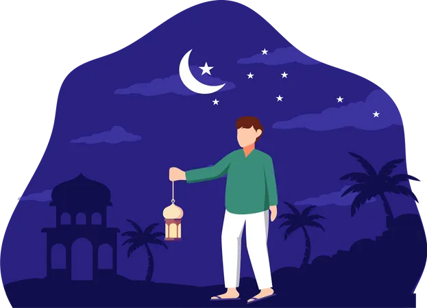 Garçon islamique tenant une lanterne islamique  Illustration
