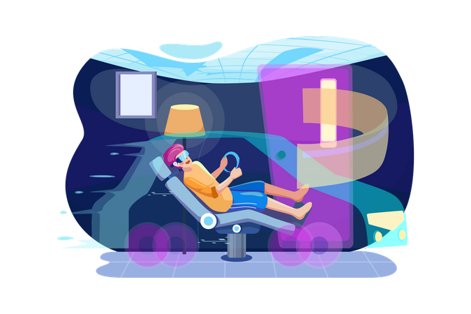Garçon jouant à un jeu de course en utilisant la VR  Illustration