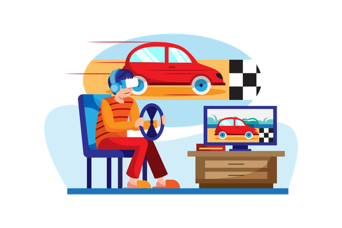 Garçon jouant à un jeu de course en utilisant la VR  Illustration