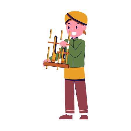 Garçon jouant d'un instrument de musique angklung  Illustration