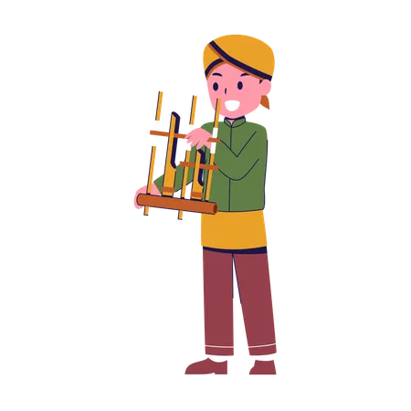 Garçon jouant d'un instrument de musique angklung  Illustration