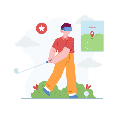 Garçon jouant au golf en utilisant VR Tech  Illustration