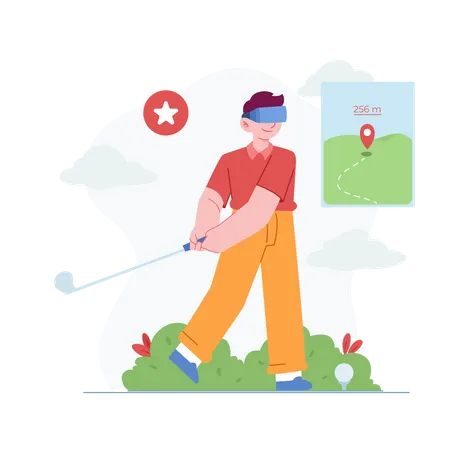 Garçon jouant au golf en utilisant VR Tech  Illustration