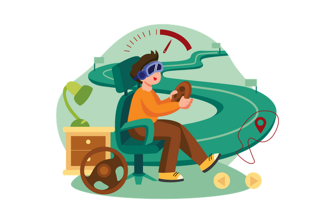 Garçon jouant au jeu de course en utilisant la VR  Illustration
