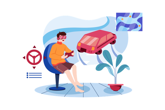 Garçon jouant au jeu de course en utilisant la VR  Illustration