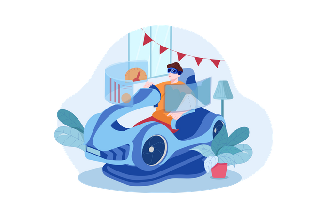 Garçon jouant au jeu de course en utilisant la VR  Illustration