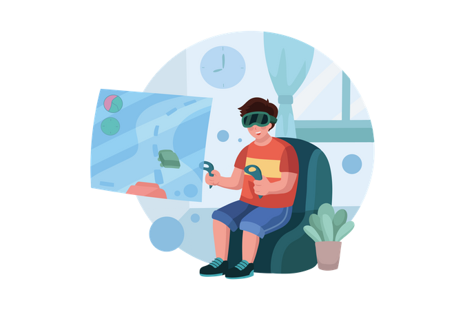 Garçon jouant au jeu de course en utilisant la VR  Illustration