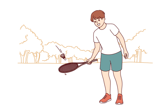 Un garçon joue au tennis en frappant la balle avec une raquette de tennis et rêve de devenir joueur professionnel  Illustration
