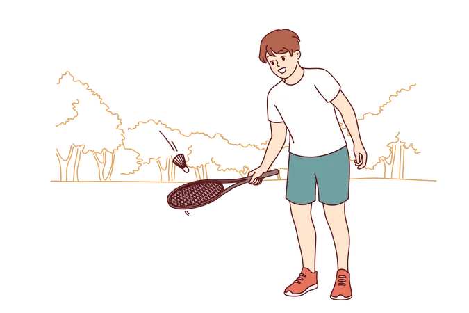 Un garçon joue au tennis en frappant la balle avec une raquette de tennis et rêve de devenir joueur professionnel  Illustration