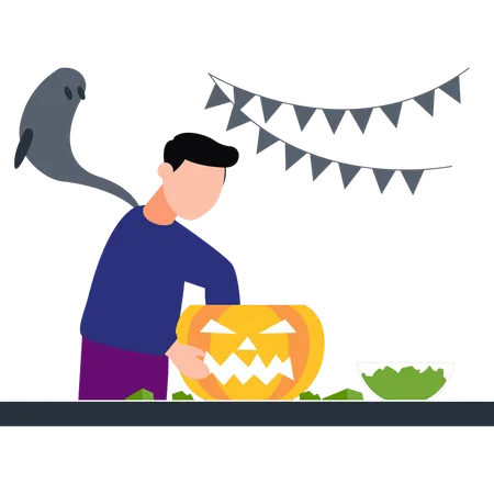 Garçon jouant avec la citrouille d'Halloween  Illustration