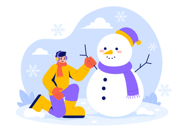 Garçon jouant avec un bonhomme de neige  Illustration